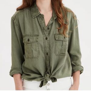 AE Oversized Military Button-Up Shirt, Olive